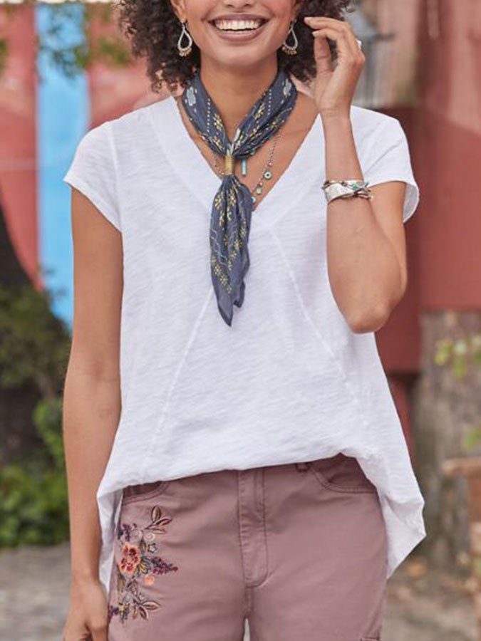 Solid Color V-Neck Cotton And Linen T-Shirt-Comfort & Reliable