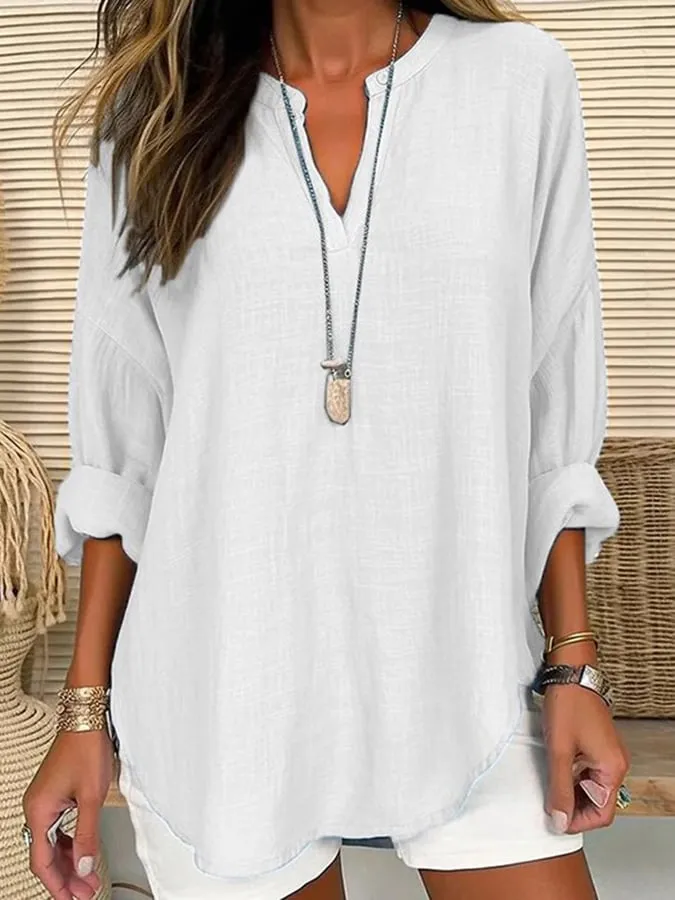 Women's Cotton Long Sleeve Round Neck Solid Color Loose Beach Shirt-Comfort & Reliable