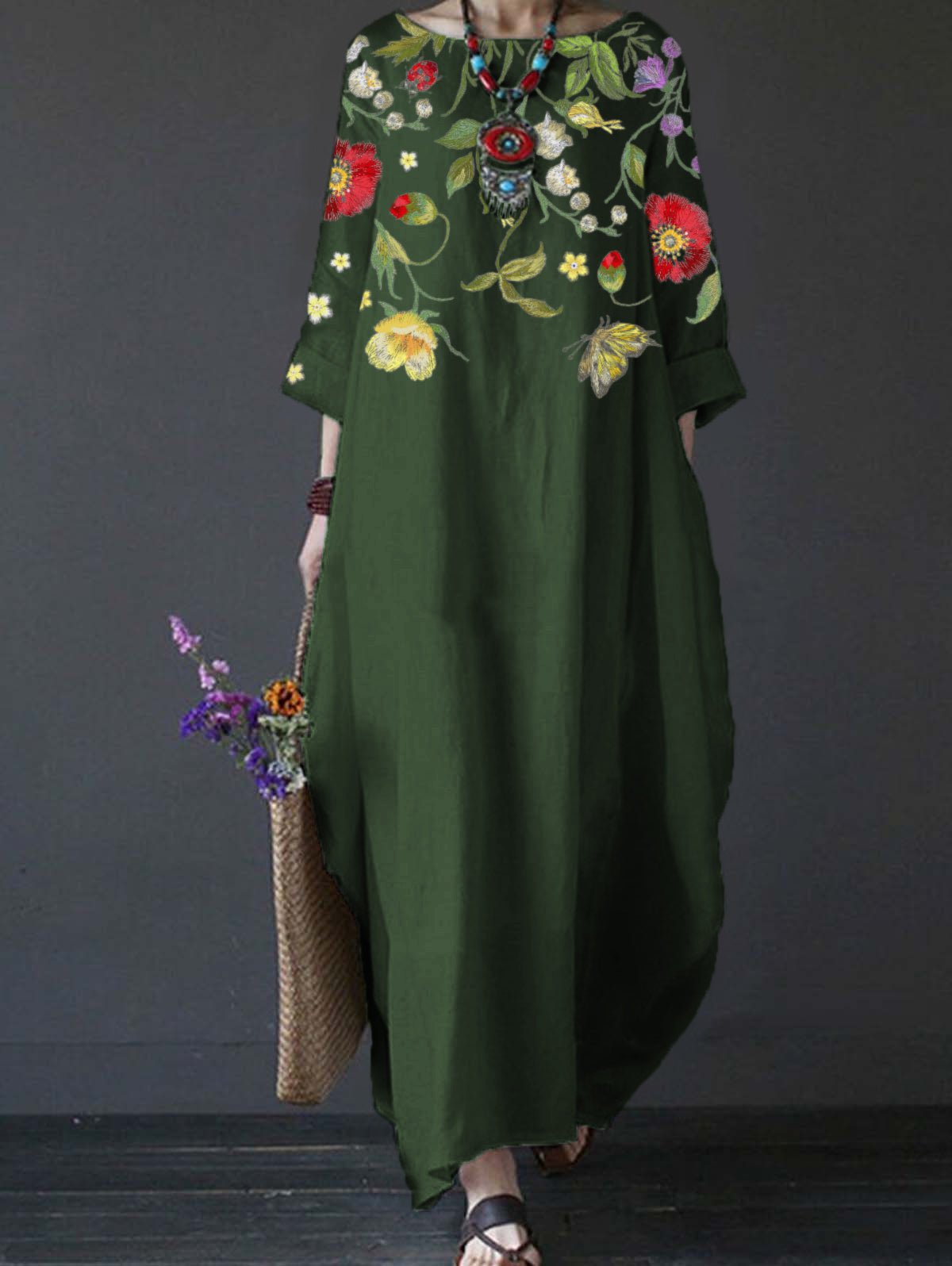 Women's Floral Print Cotton And Linen Loose Plus Size Dress-Comfort & Reliable