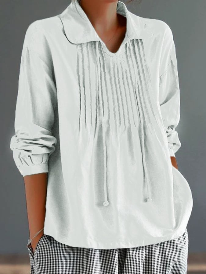Women's Cotton Lapel Ruffle Tie Long Sleeve Loose Matching Shirt-Comfort & Reliable