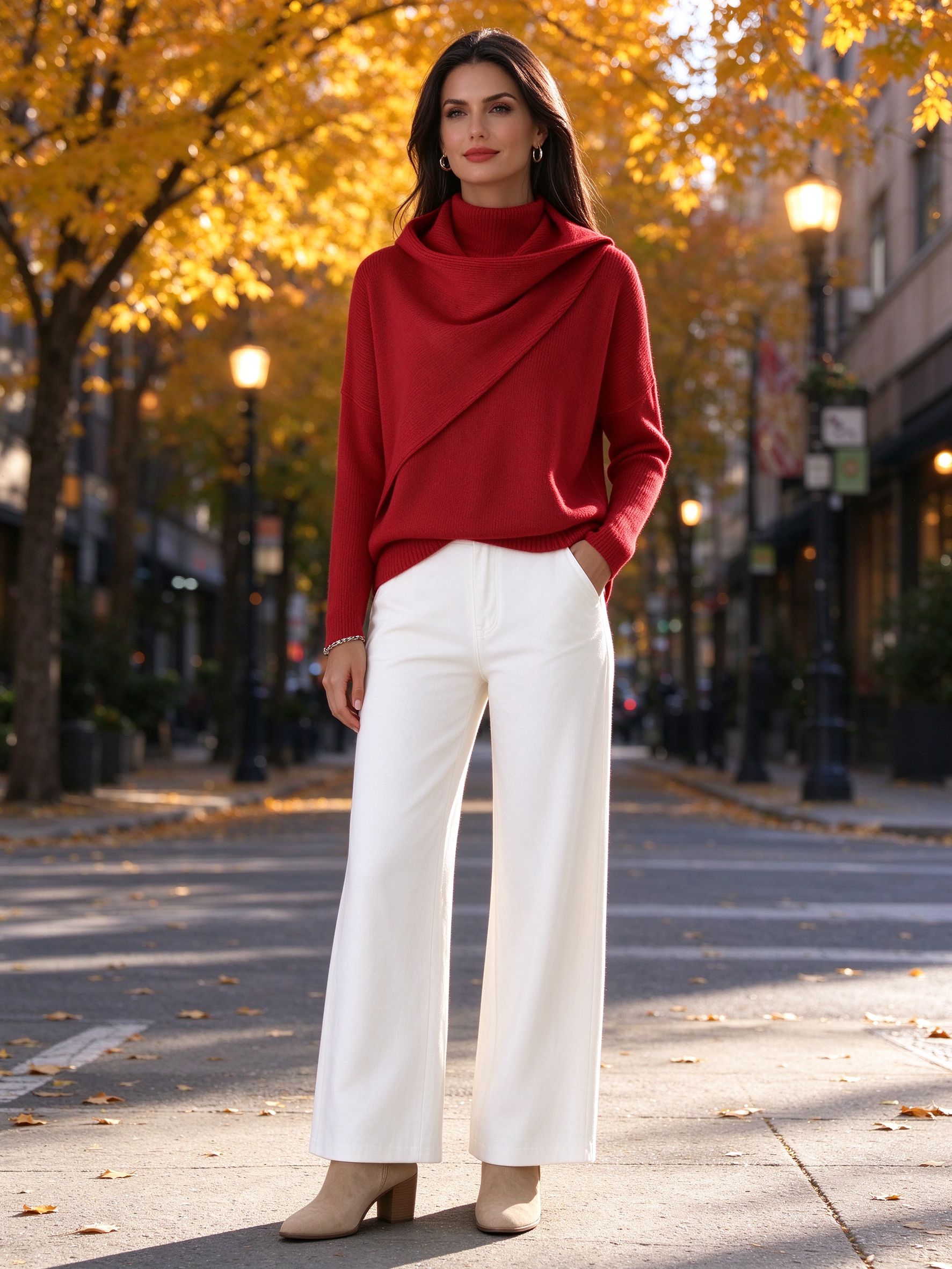 woman in red crossover sweater autumn street