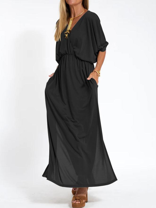 Women's Casual Solid Color V Neck Slit Dress-Comfort & Reliable