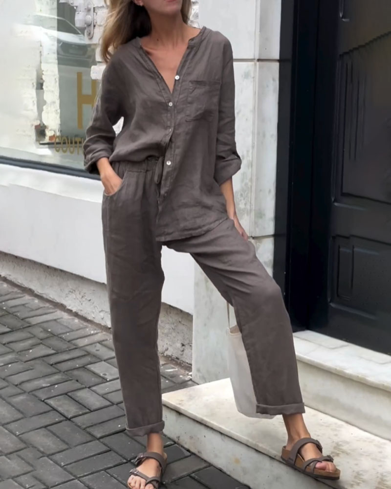 Casual Solid Color V-Neck Shirt & Pants Cotton Linen Two-Piece Set-Comfort & Reliable