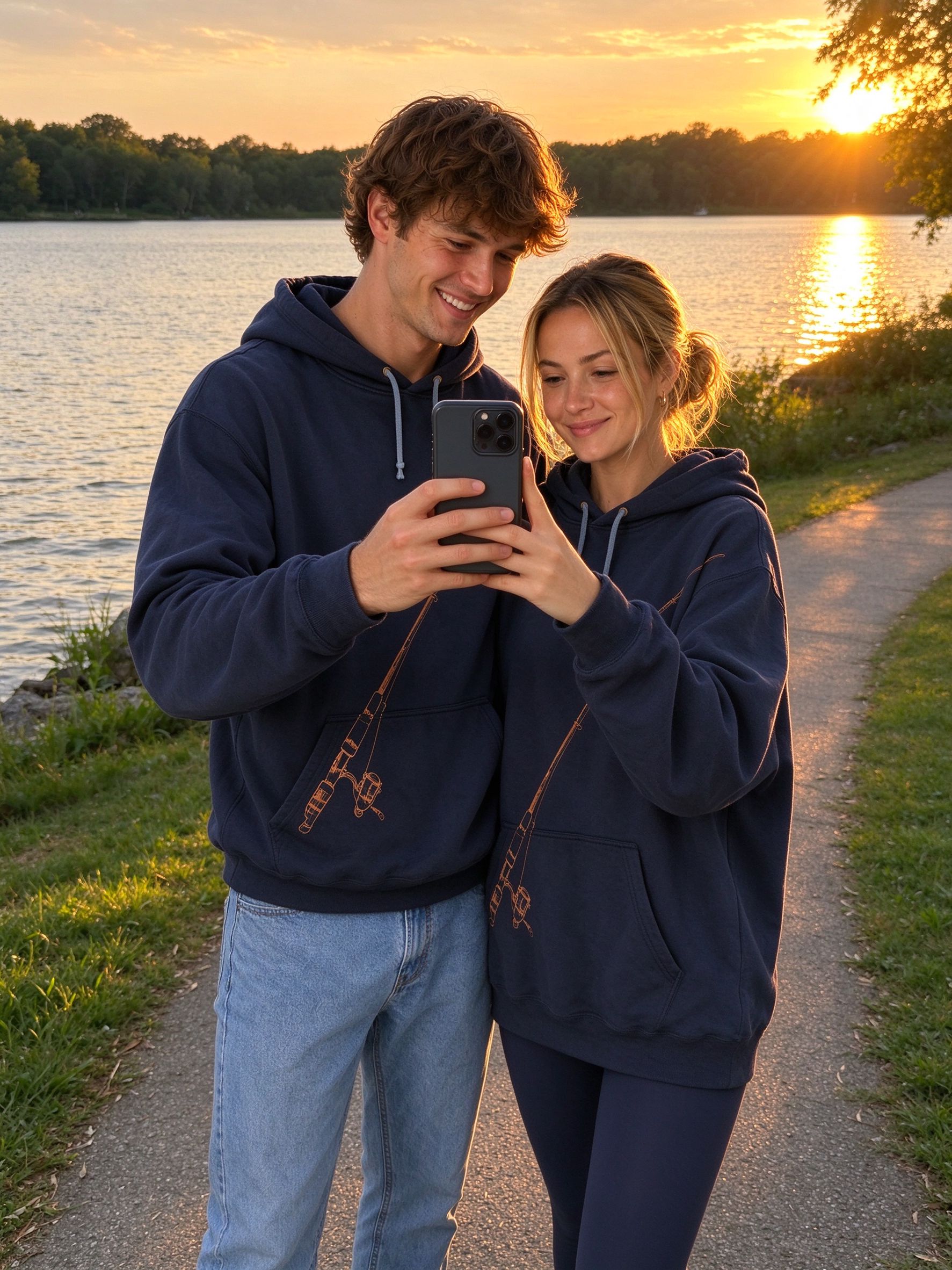 couple sunset lake selfie