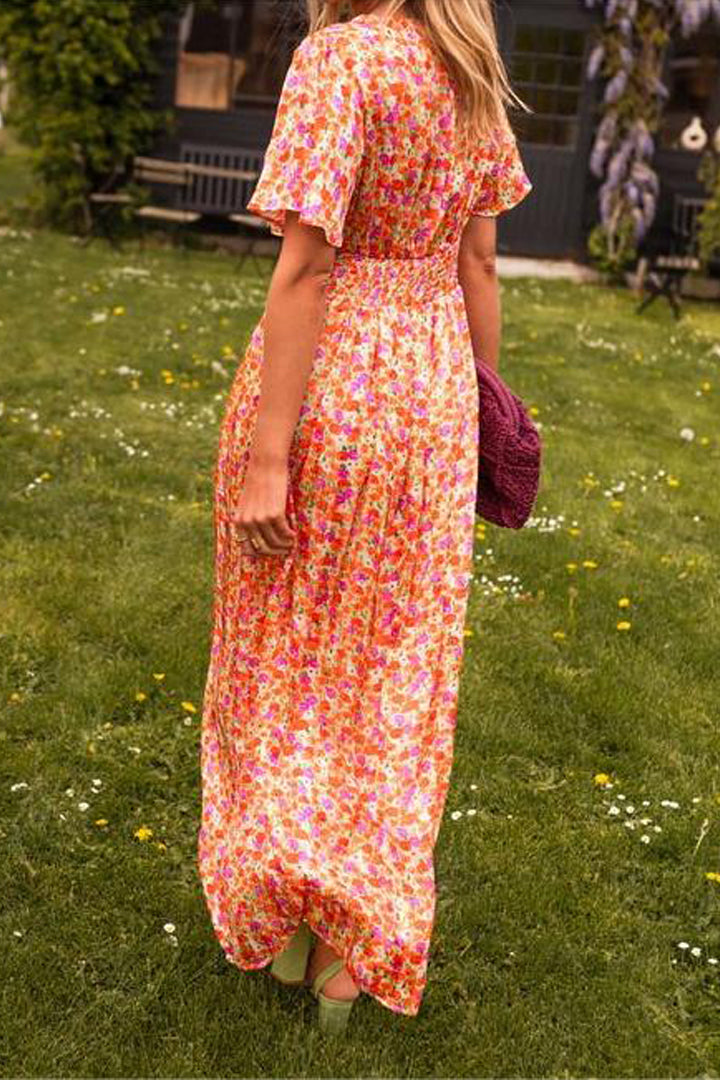 Women's printed waist V-neck long dress-Comfort & Reliable