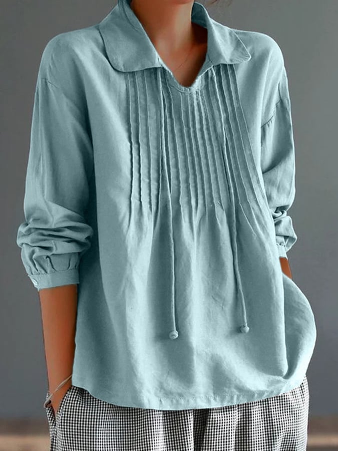 Women's Cotton Lapel Ruffle Tie Long Sleeve Loose Matching Shirt-Comfort & Reliable