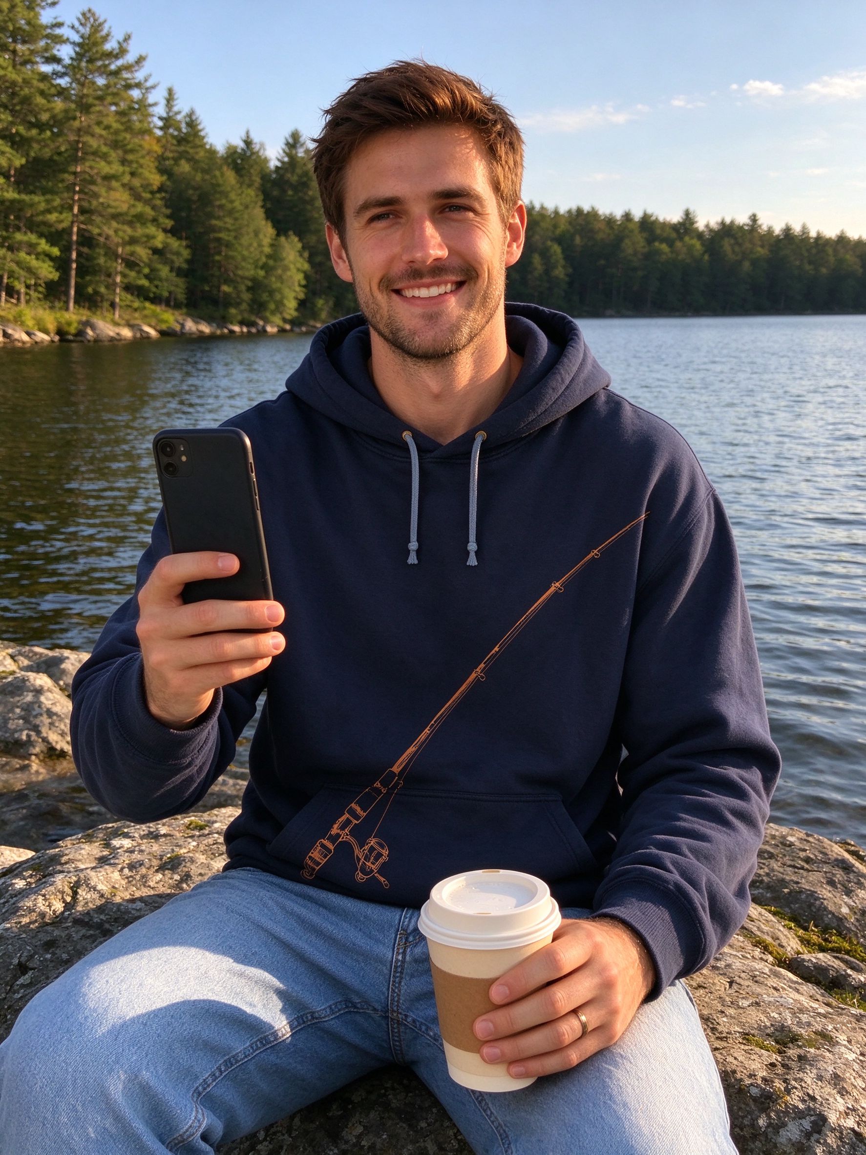man with coffee by lake