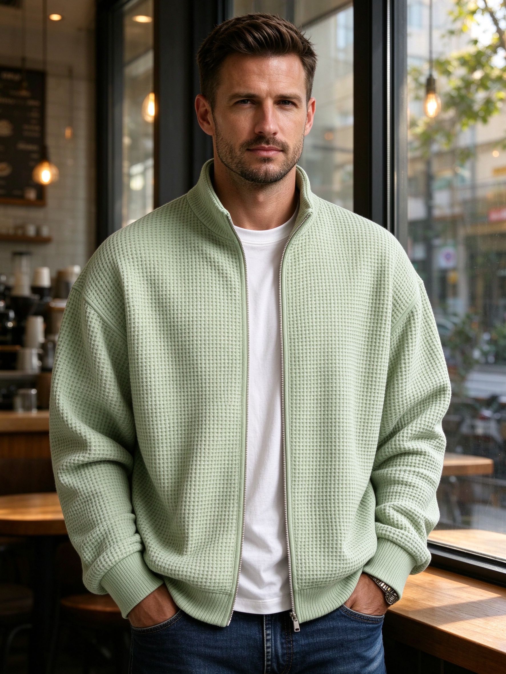 sage green waffle zip worn by model