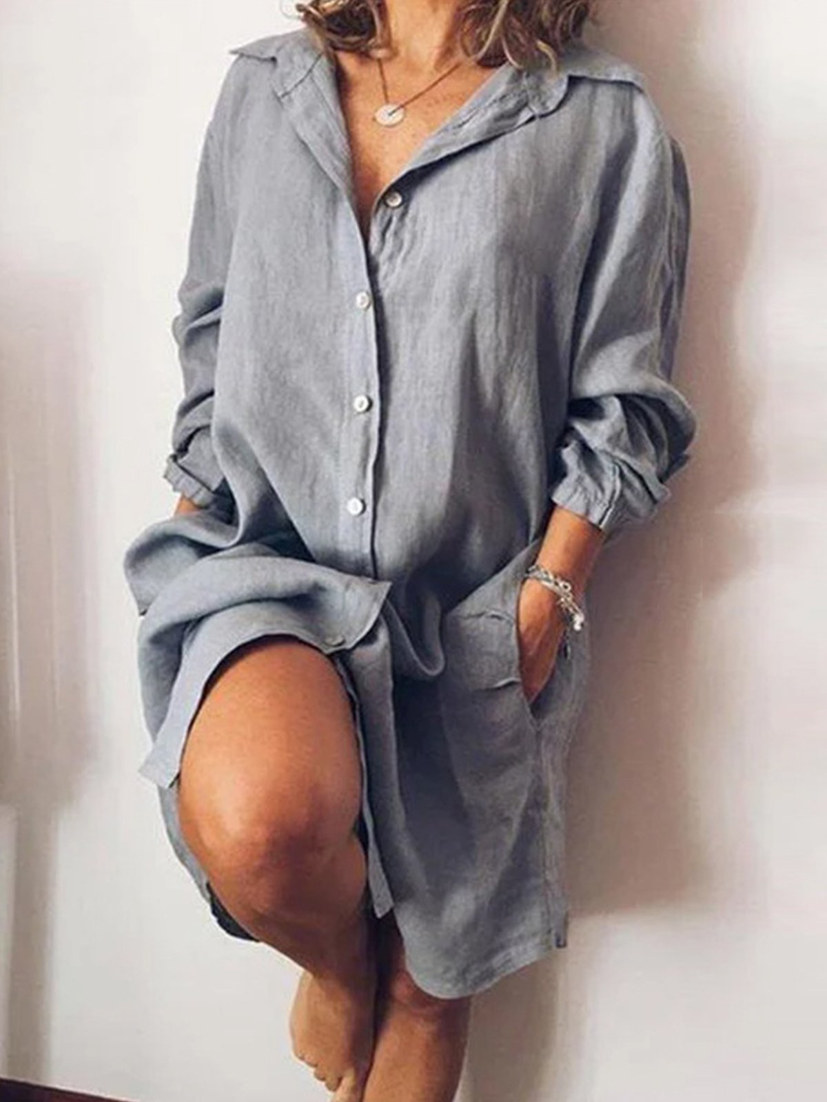 Women's Casual Pure Color Cotton Shirt Dress-Comfort & Reliable