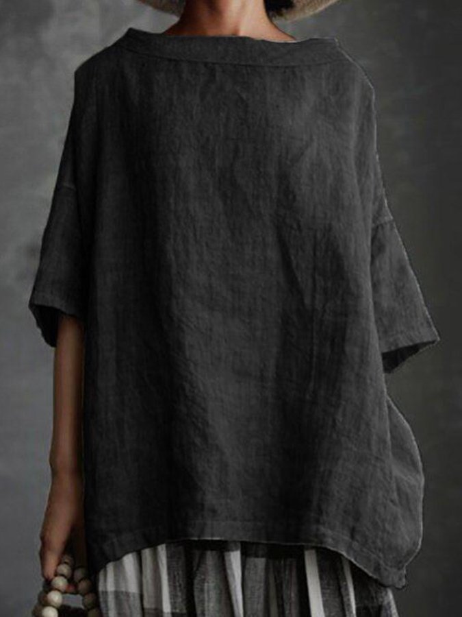 Ladies Cotton Linen Round Collar Loose Casual Shirt-Comfort & Reliable