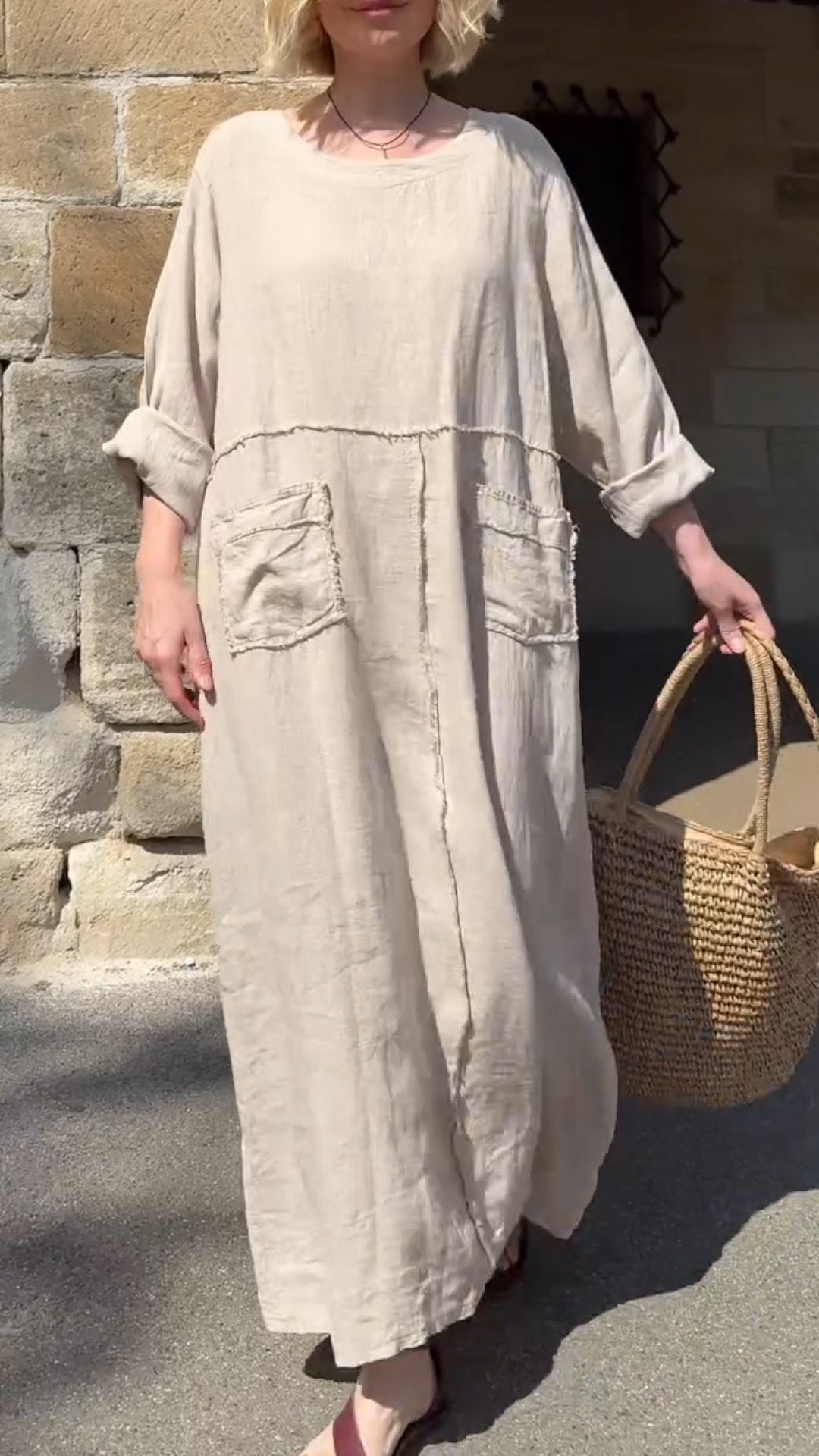 Round Neck Cotton and Linen Long Sleeve Casual Dress-Comfort & Reliable