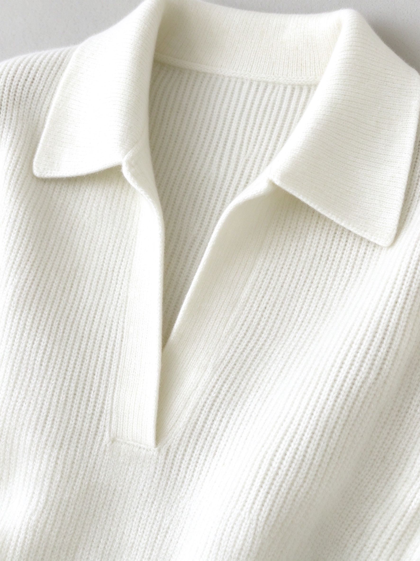polo collar and ribbed knit close-up