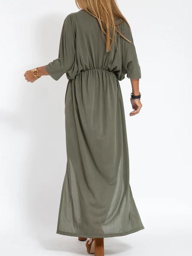 Women's Casual Solid Color V Neck Slit Dress-Comfort & Reliable