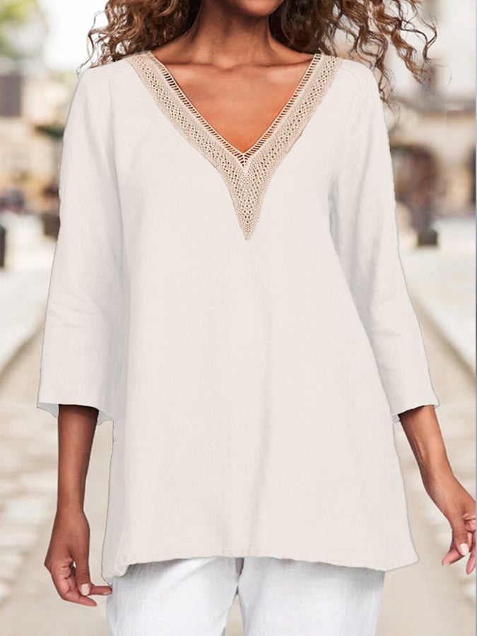 Women's Cotton Lace Hollow V-Neck Solid Color Casual Loose 3/4 Sleeve Shirt-Comfort & Reliable