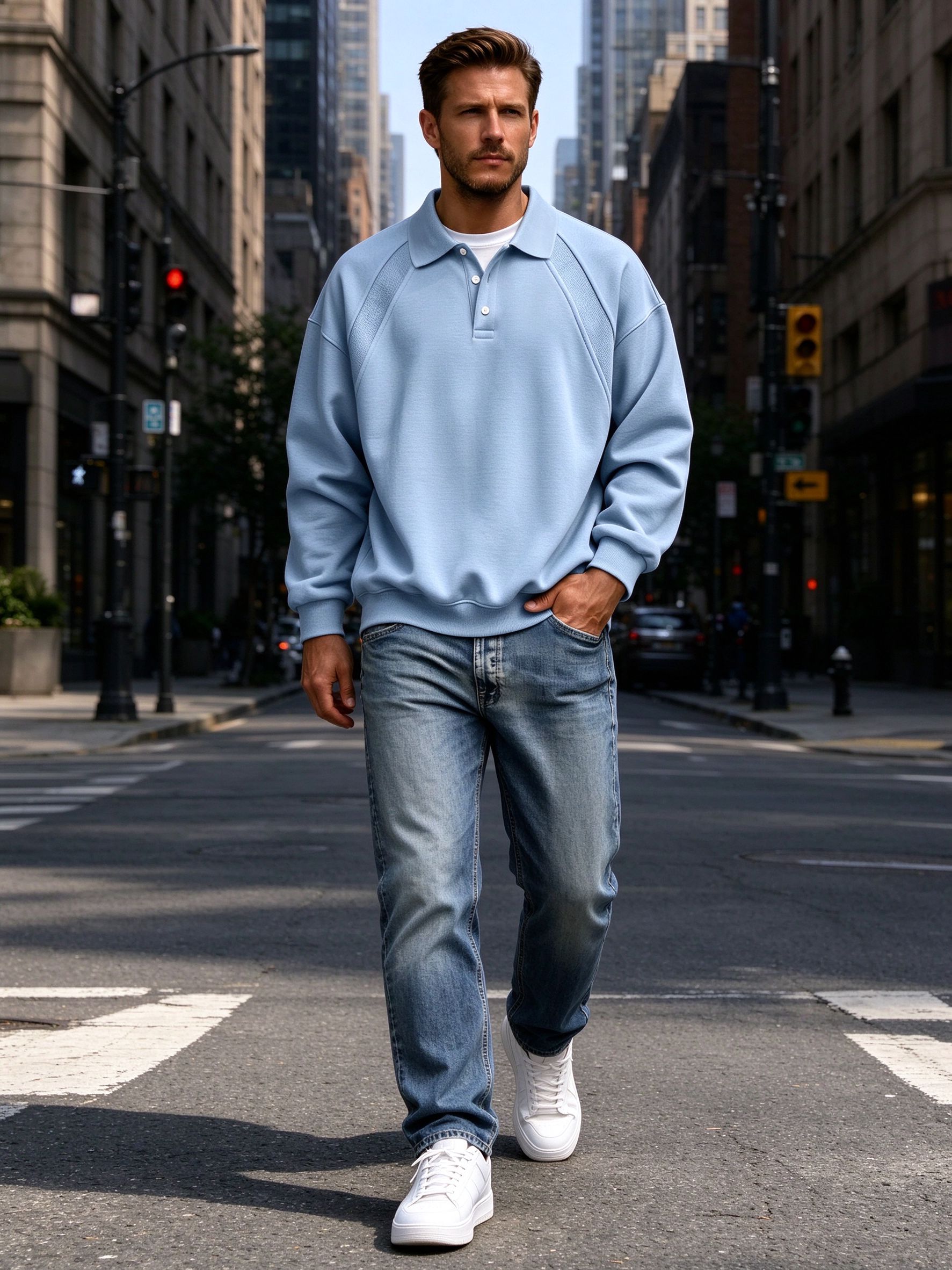 light blue patchwork polo with raw denim walking city street