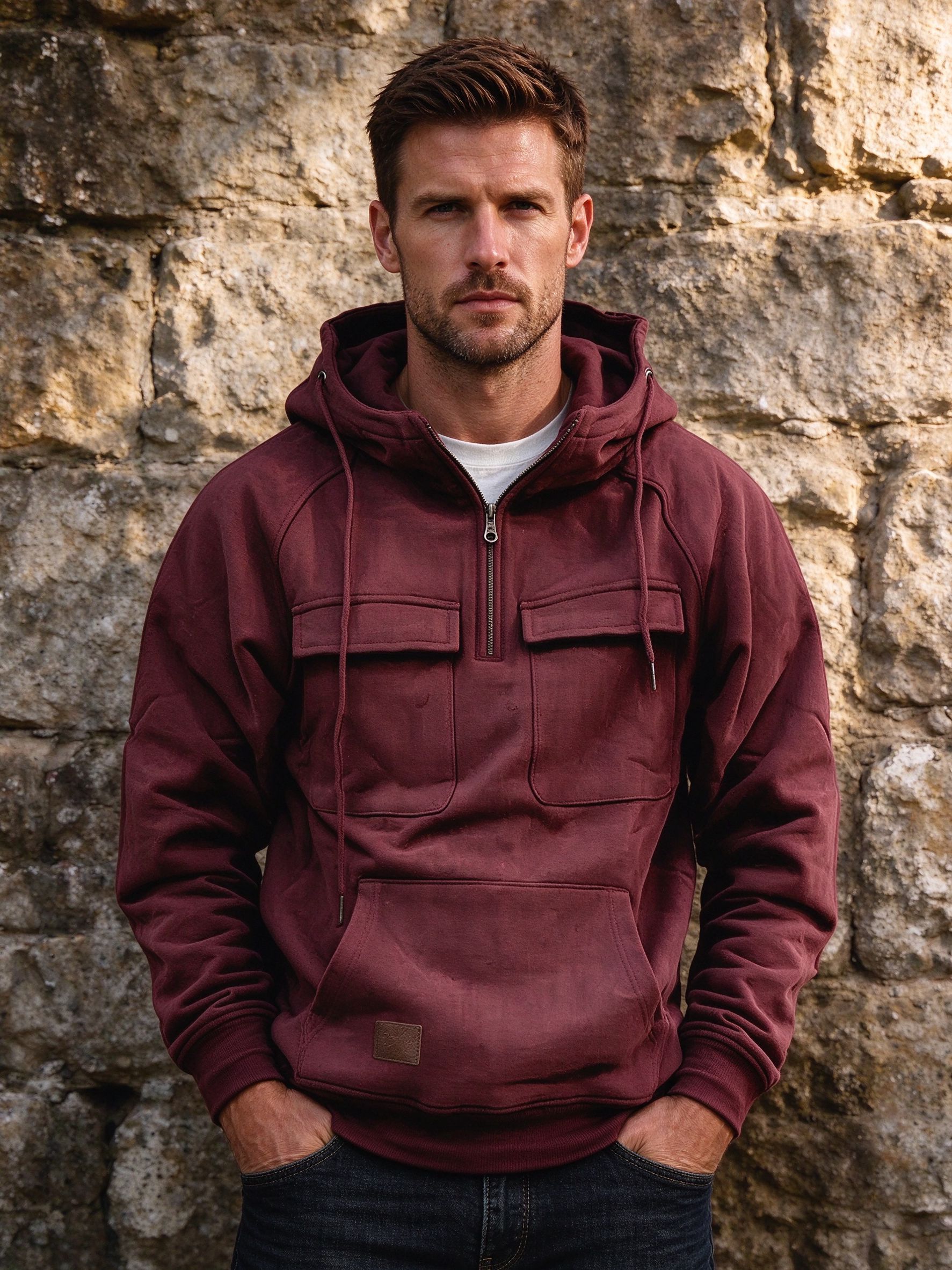 wine tactical hoodie worn by model