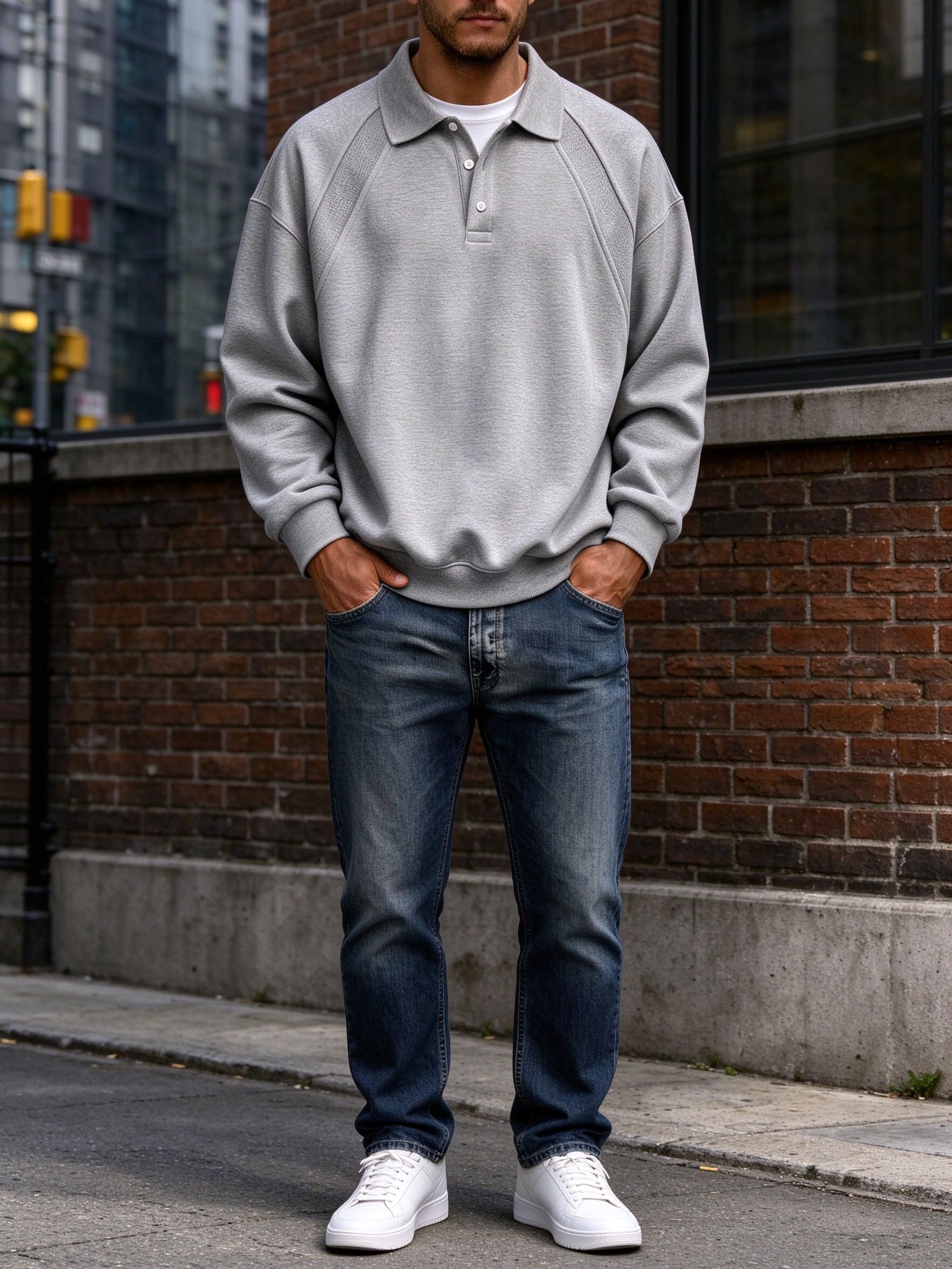 heather grey patchwork polo with jeans by brick wall