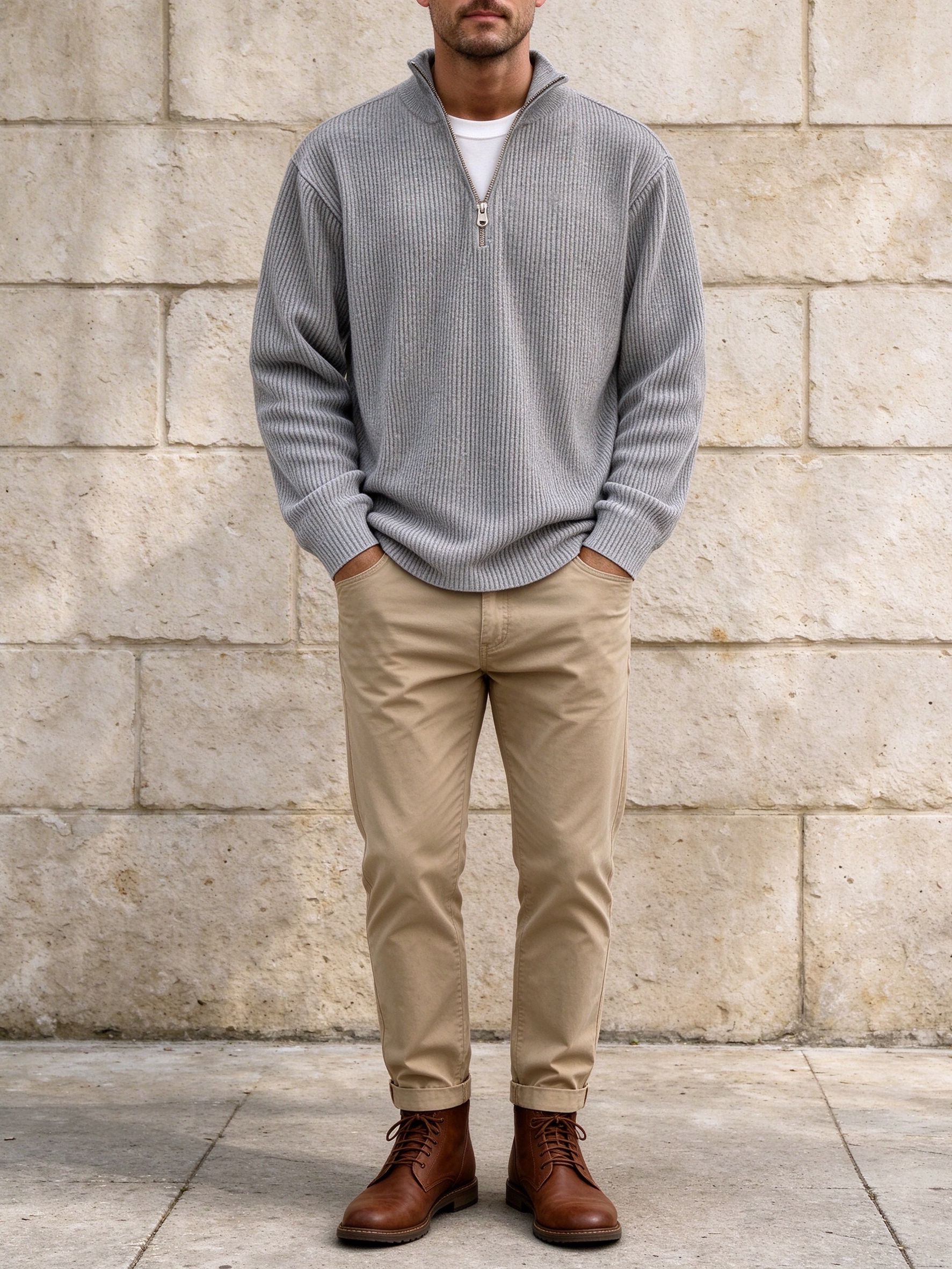 gray quarter-zip with sand chinos