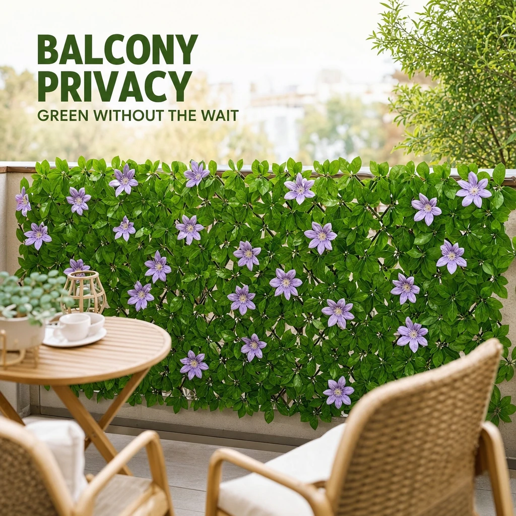 Purple-flower artificial fence creating a leafy screen on a balcony with caf&eacute; chairs