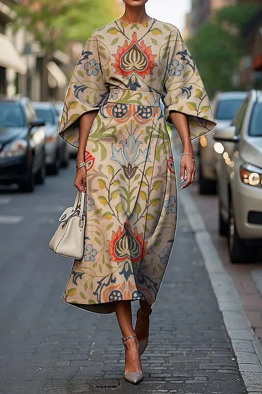 Women's Vintage Elegant Floral Print Midi Dress-Comfort & Reliable