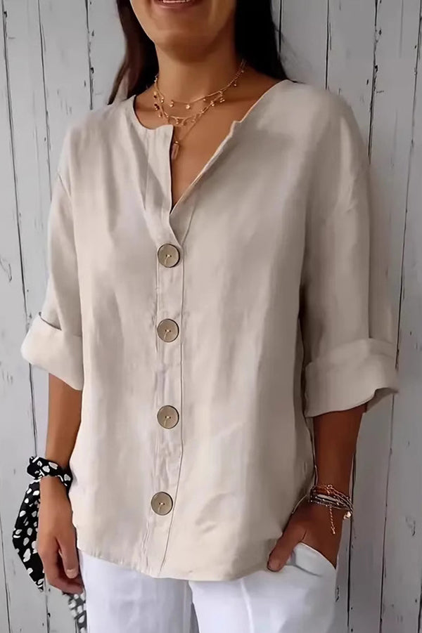 Solid Color V-neck Loose Button Top-Comfort & Reliable