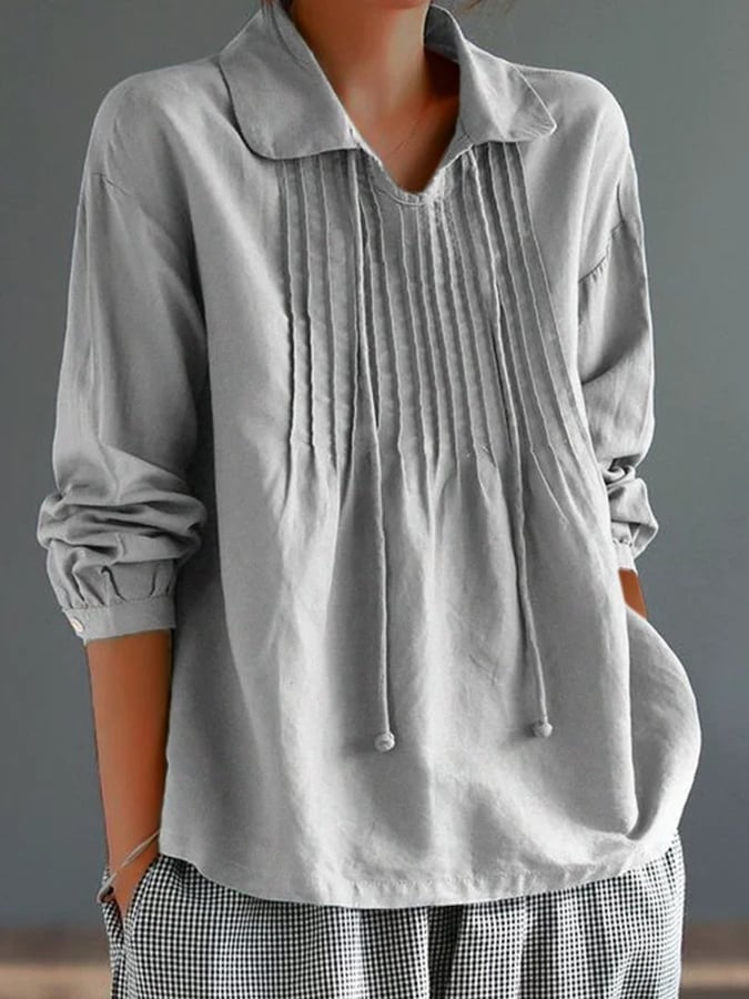 Women's Cotton Lapel Ruffle Tie Long Sleeve Loose Matching Shirt-Comfort & Reliable