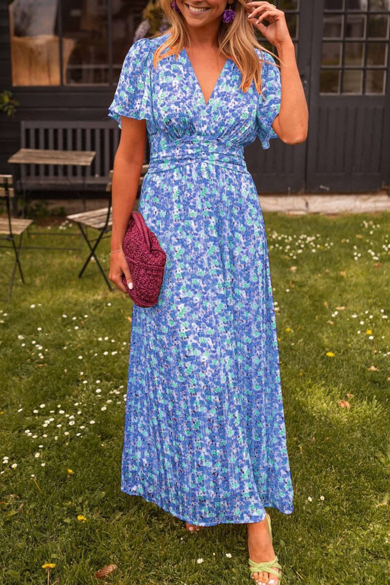 Women's printed waist V-neck long dress-Comfort & Reliable