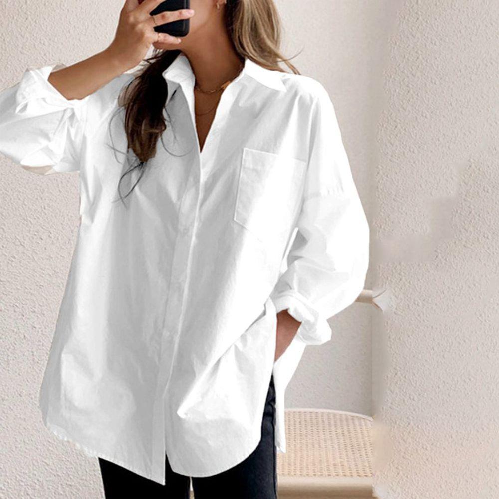 White Plain Collared Long Sleeve Shirt-Comfort & Reliable