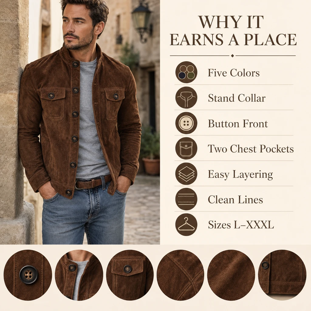 Editorial product detail 7 for the men's suede-look button-front field jacket