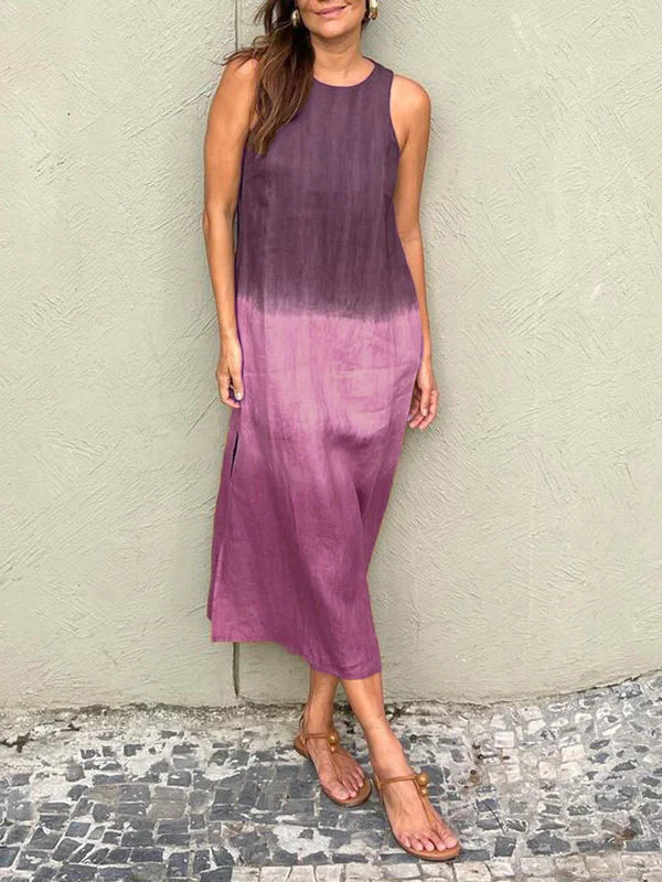 Women's casual cotton and linen sleeveless slit gradient tie-dye long dress-Comfort & Reliable