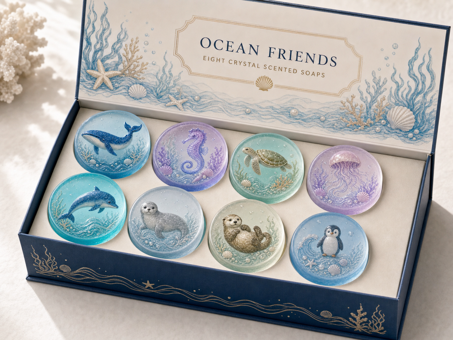 Caja de regalo Ocean Friends que contiene ocho jabones de cristal con fragancia de animales marinos en forma redonda