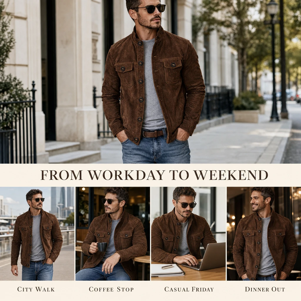 Editorial product detail 4 for the men's suede-look button-front field jacket