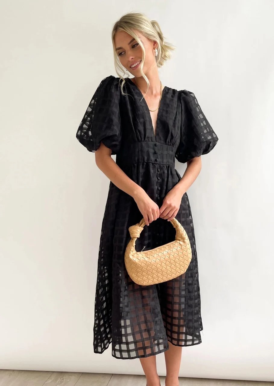 Beauty Square Patterned Fabric Puff Sleeve Midi Dress-Comfort & Reliable