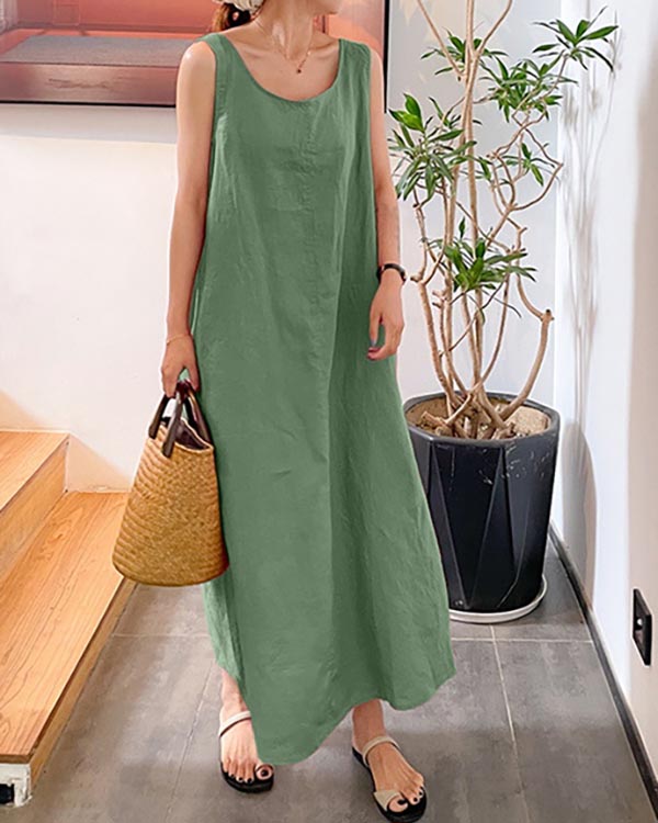 Linen Loose Crew Neck Sleeveless Dress-Comfort & Reliable