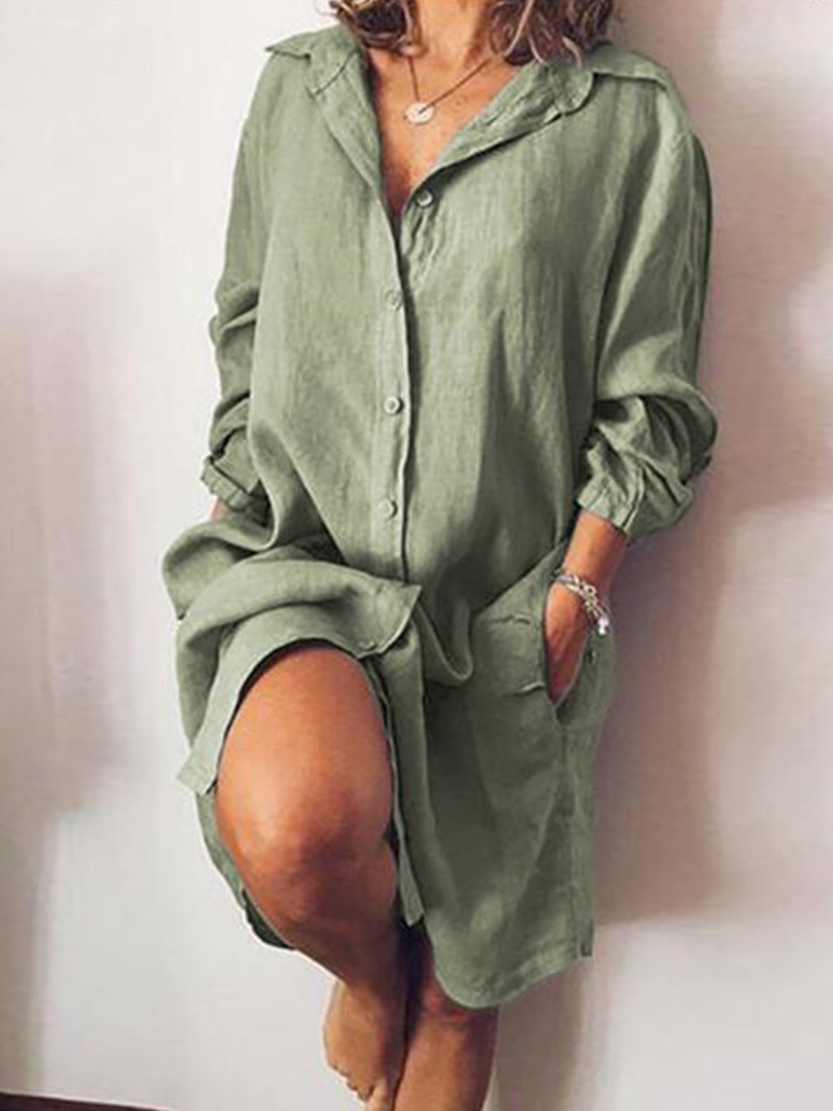 Women's Casual Pure Color Cotton Shirt Dress-Comfort & Reliable