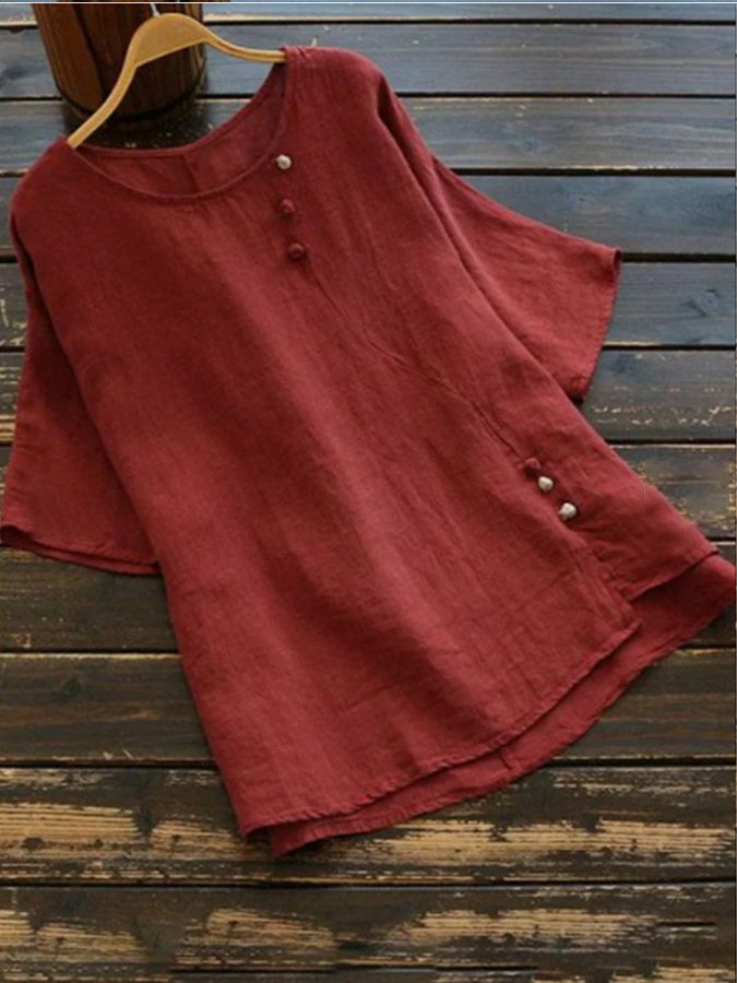 Women's Solid Cotton Linen Round Neck Split T-shirt-Comfort & Reliable