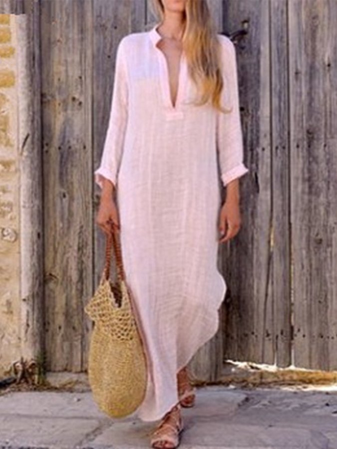 Women's Solid Color Deep V-Neck Slit Long Dress-Comfort & Reliable