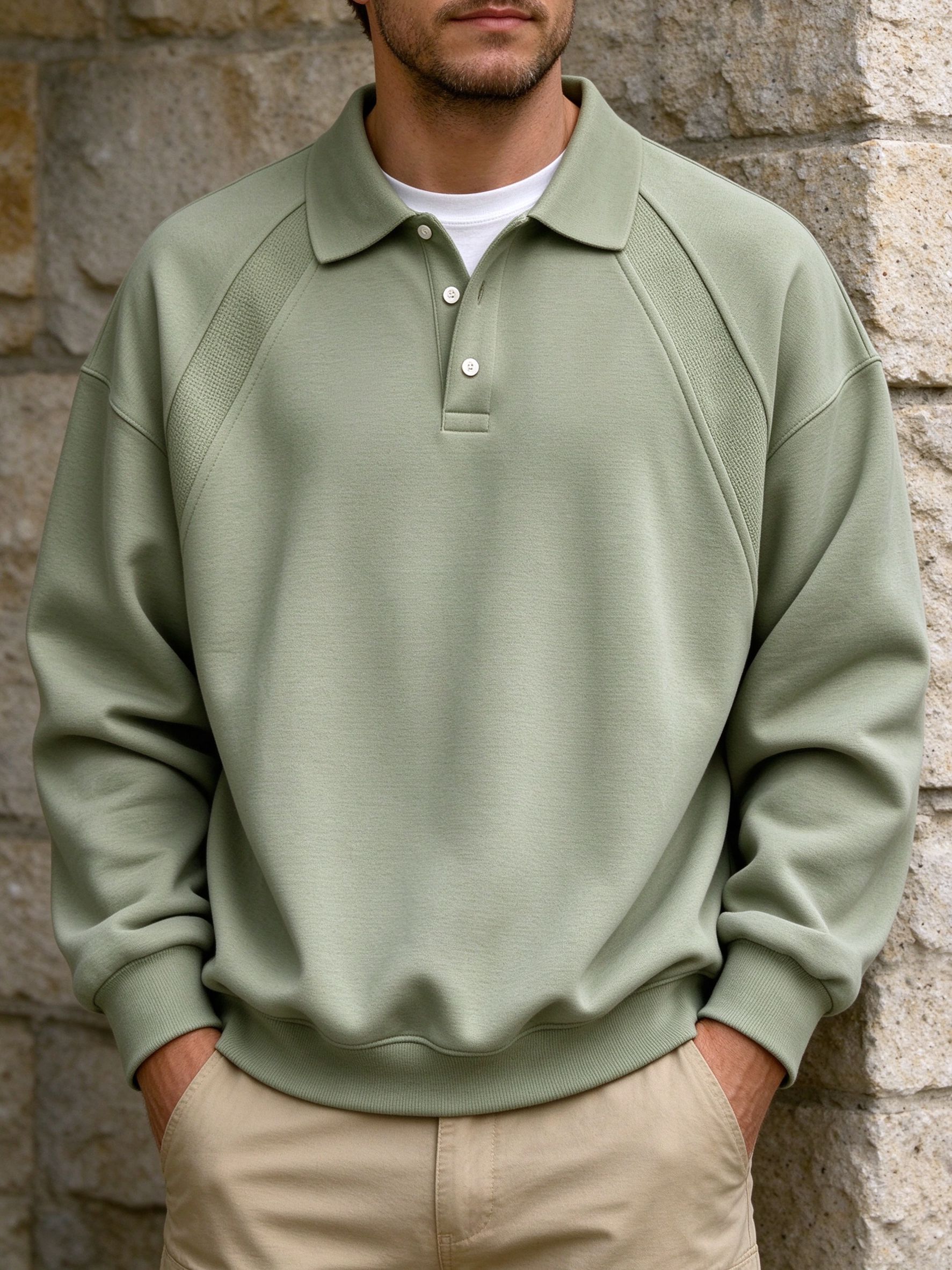 sage green patchwork polo worn by model