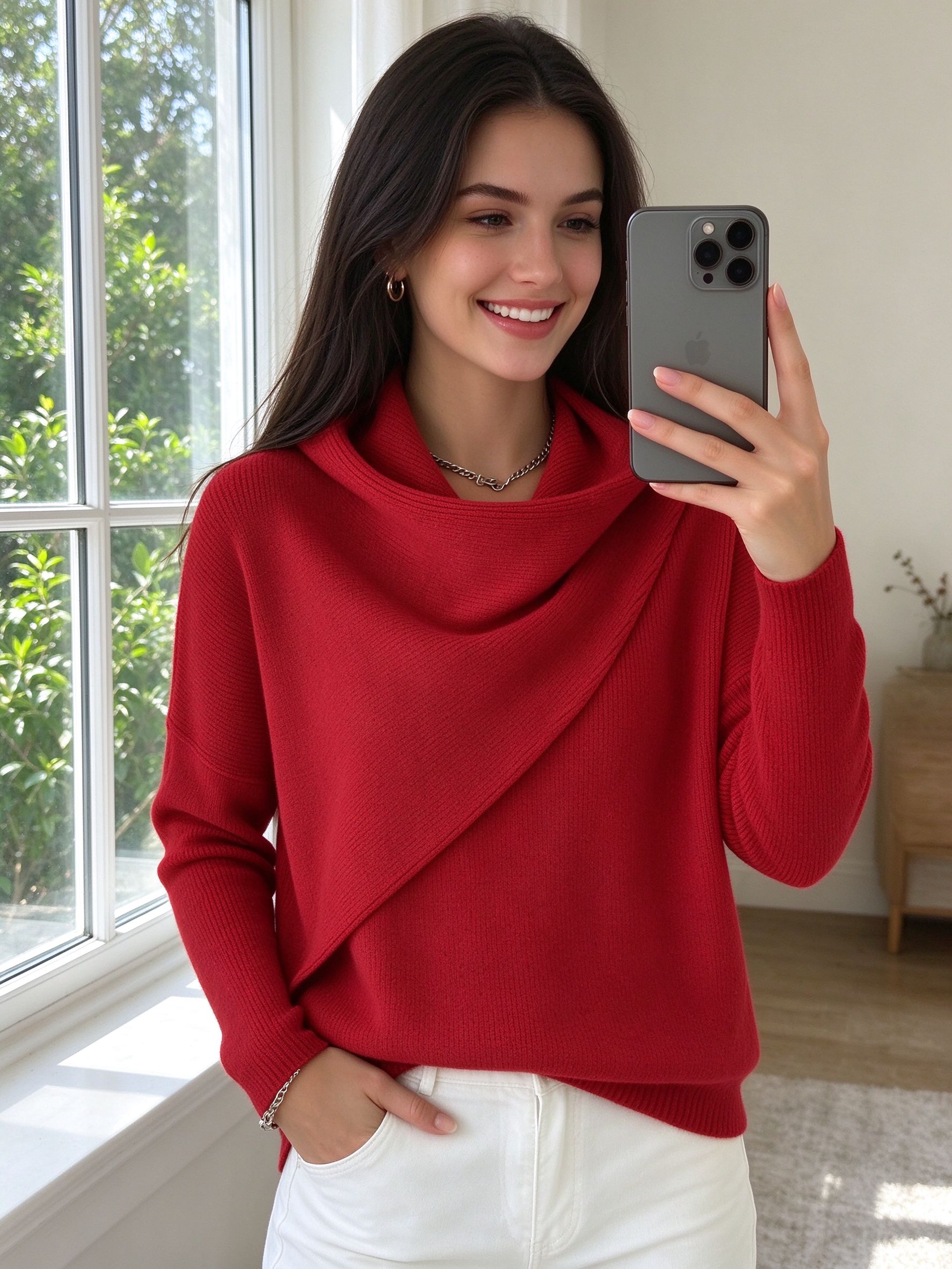 red sweater window selfie