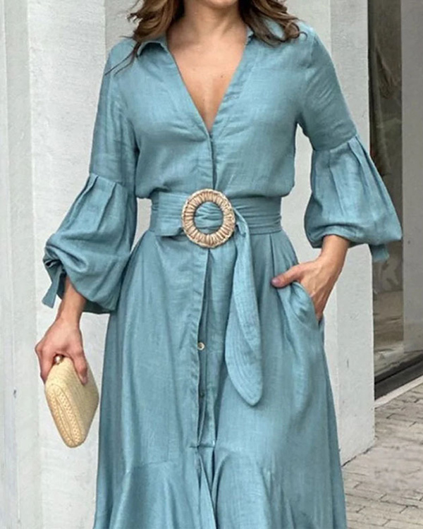 Temperament Casual V-neck Collar Solid Color Pocket Dress-Comfort & Reliable
