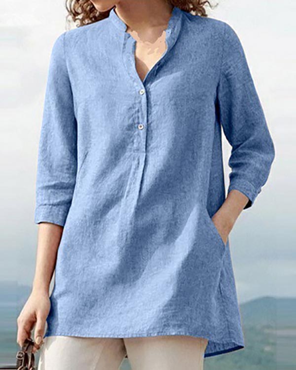 Solid Color Stand Collar Linen Casual Pullover Shirt Top-Comfort & Reliable