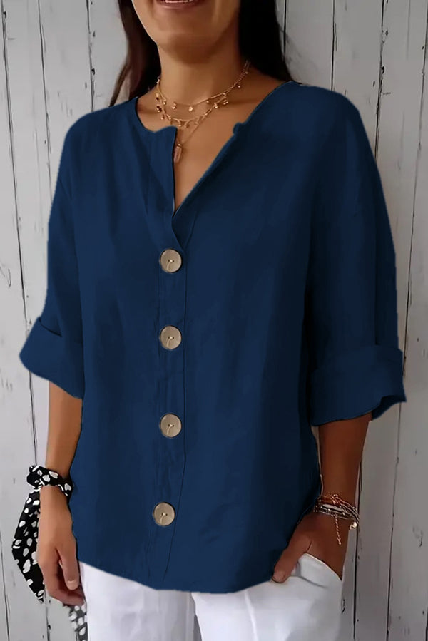 Solid Color V-neck Loose Button Top-Comfort & Reliable