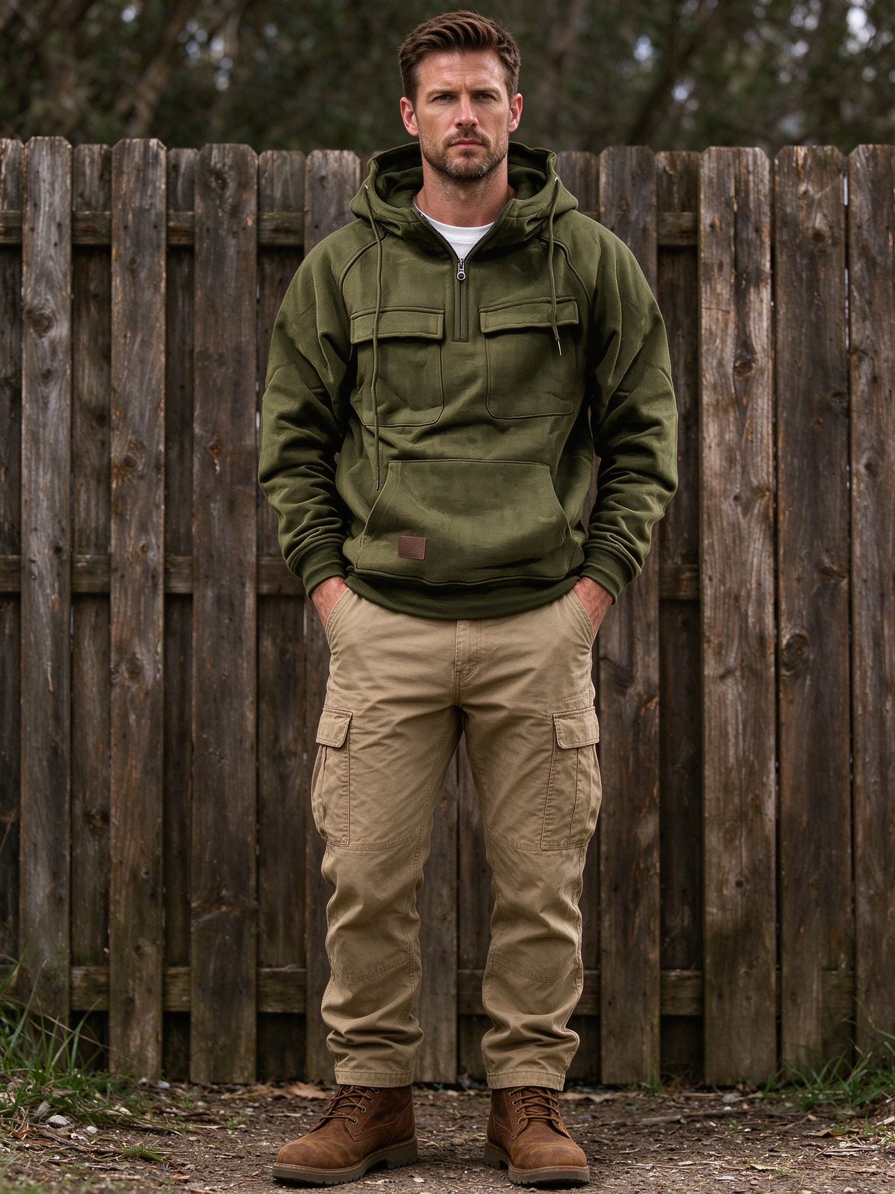 army green tactical hoodie with cargo pants