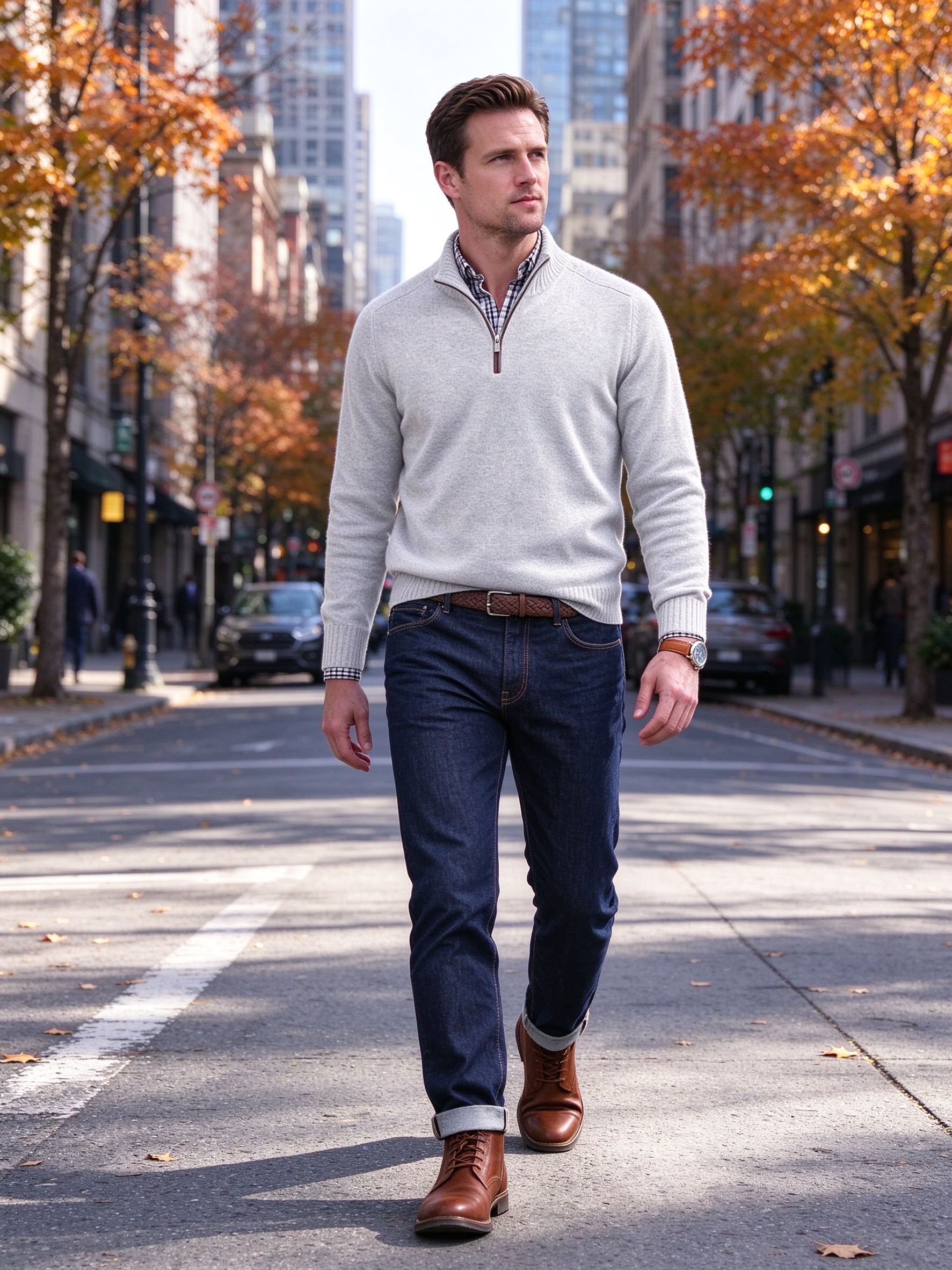 light grey quarter zip knit with dark jeans walking city street