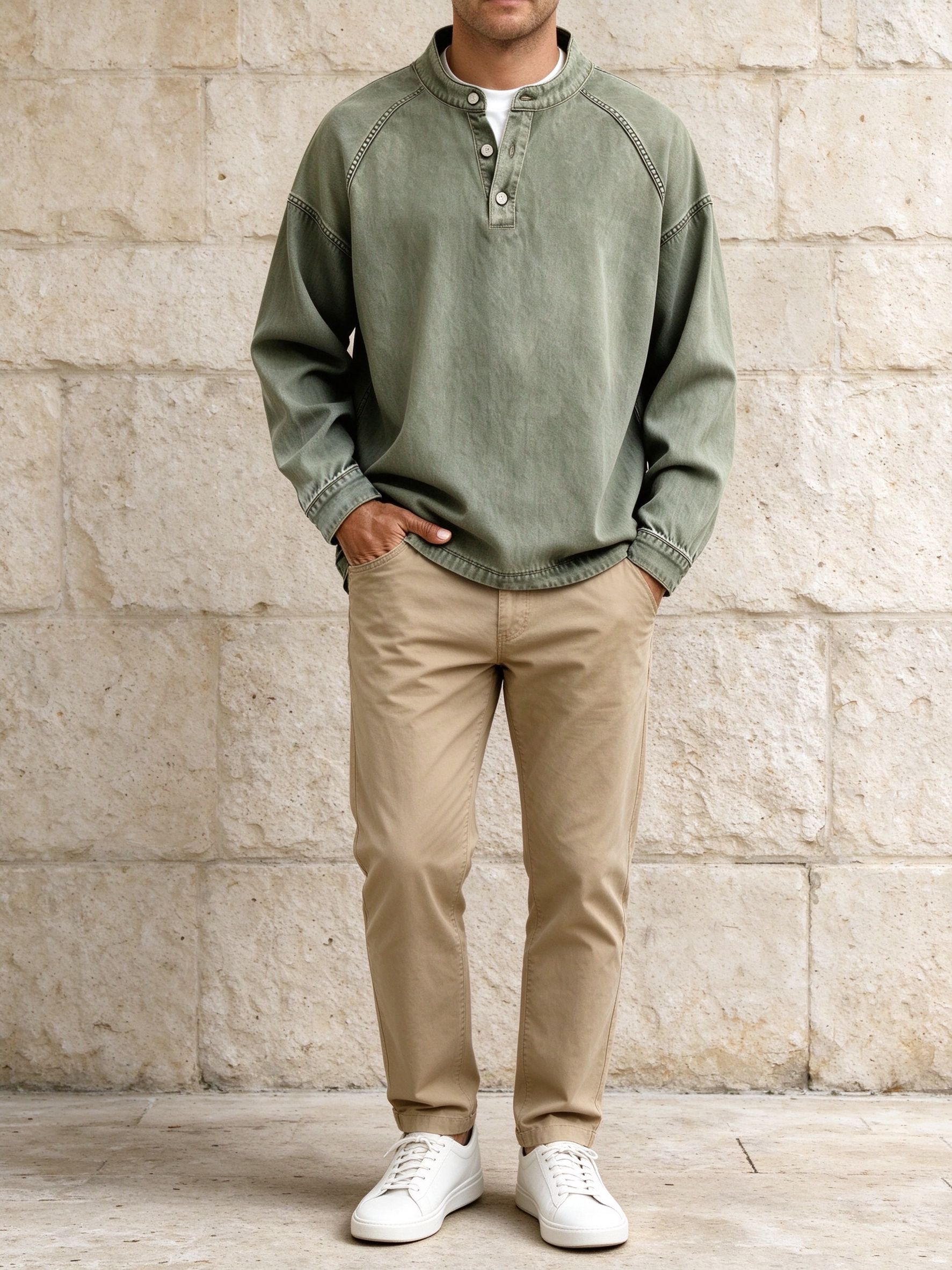 green henley with sand chinos