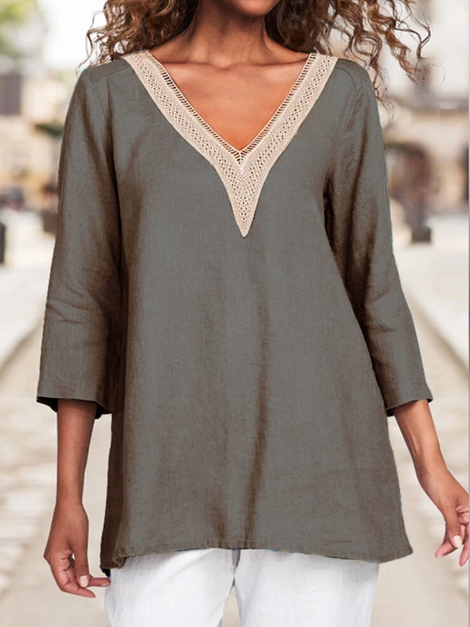 Women's Cotton Lace Hollow V-Neck Solid Color Casual Loose 3/4 Sleeve Shirt-Comfort & Reliable