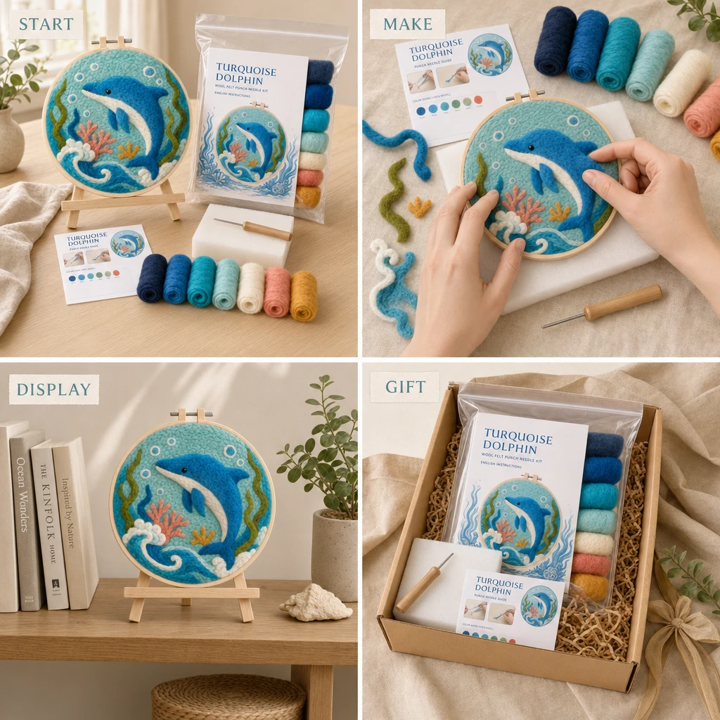Four lifestyle scenes showing an Ocean Friends kit ready to start, hands making the hoop, finished display and gift presentation