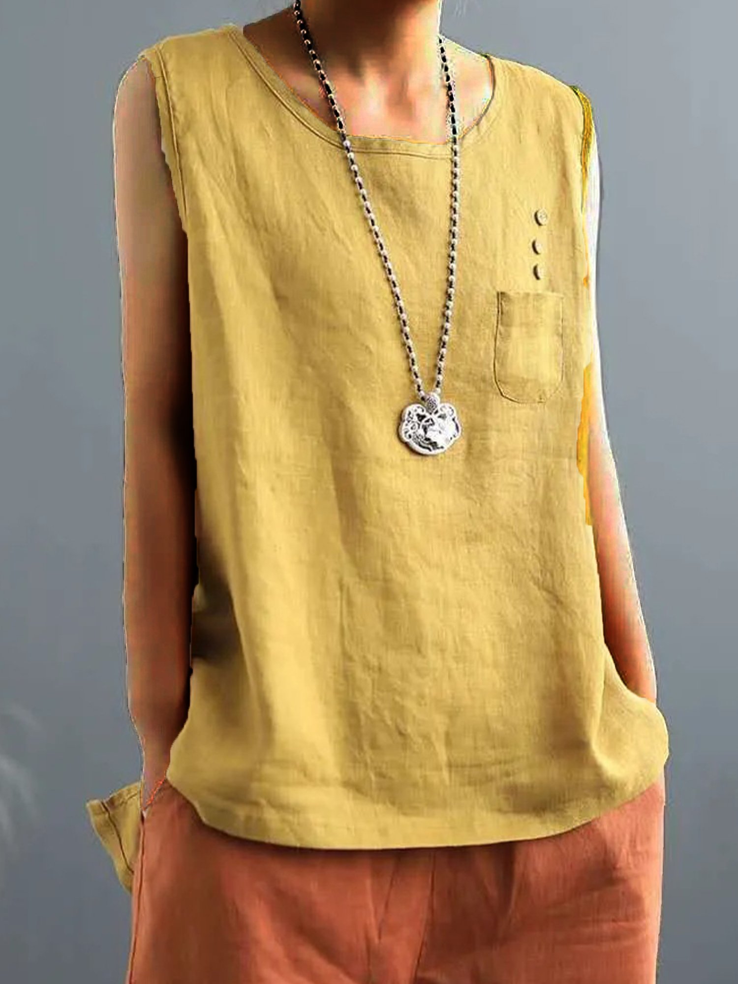 Women's Vintage Cotton Linen Solid  Loose T-shirt-Comfort & Reliable