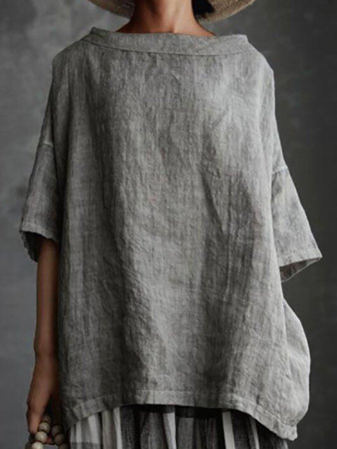 Ladies Cotton Linen Round Collar Loose Casual Shirt-Comfort & Reliable