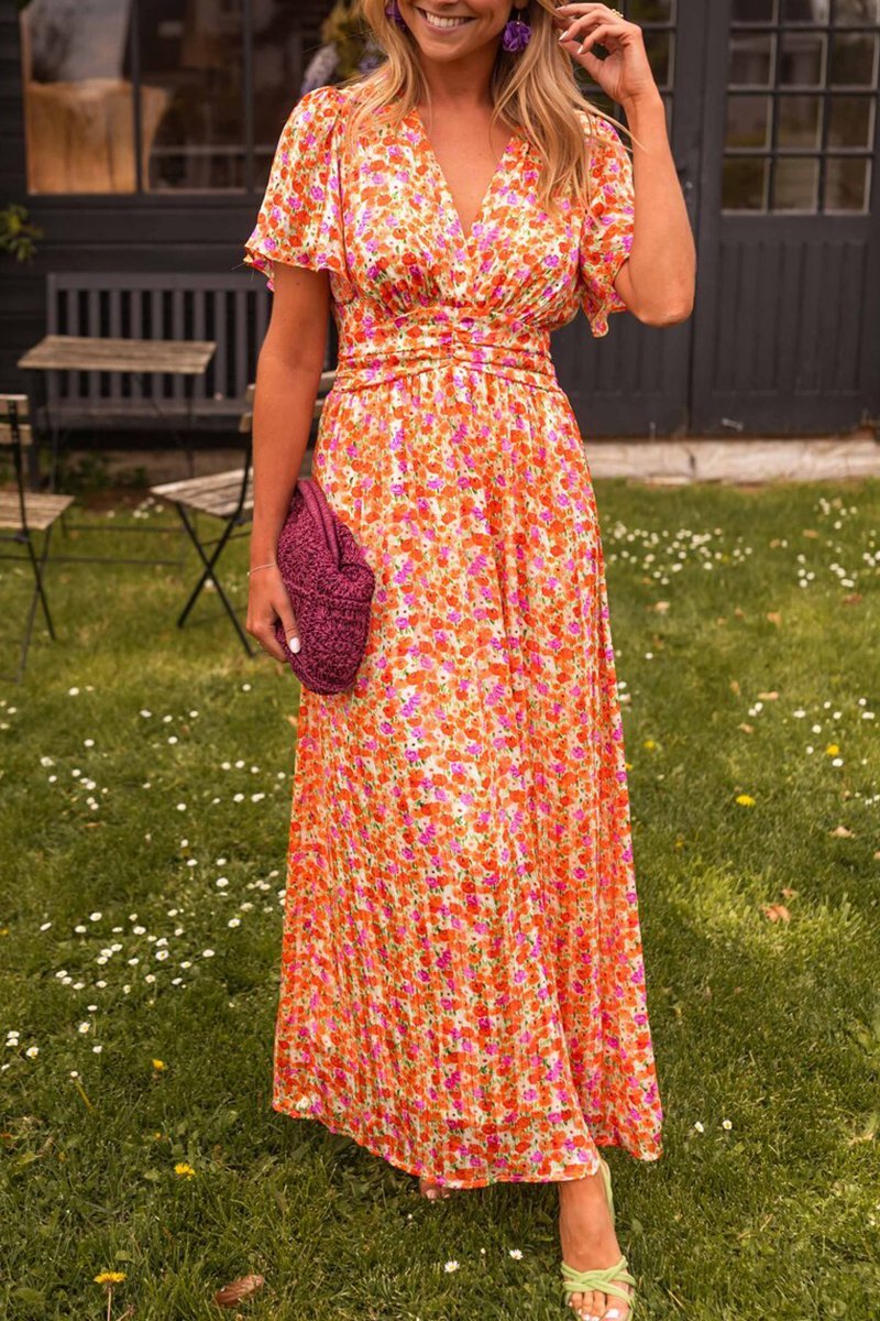 Women's printed waist V-neck long dress-Comfort & Reliable